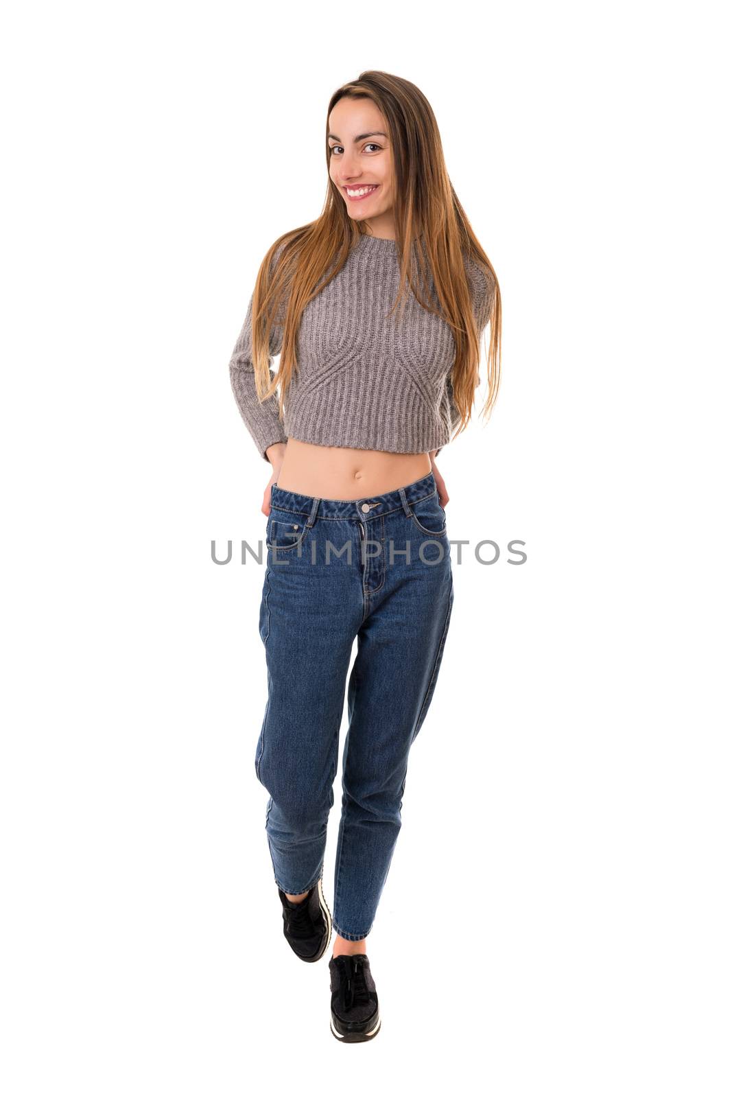 young casual beautiful woman full length, isolated in white