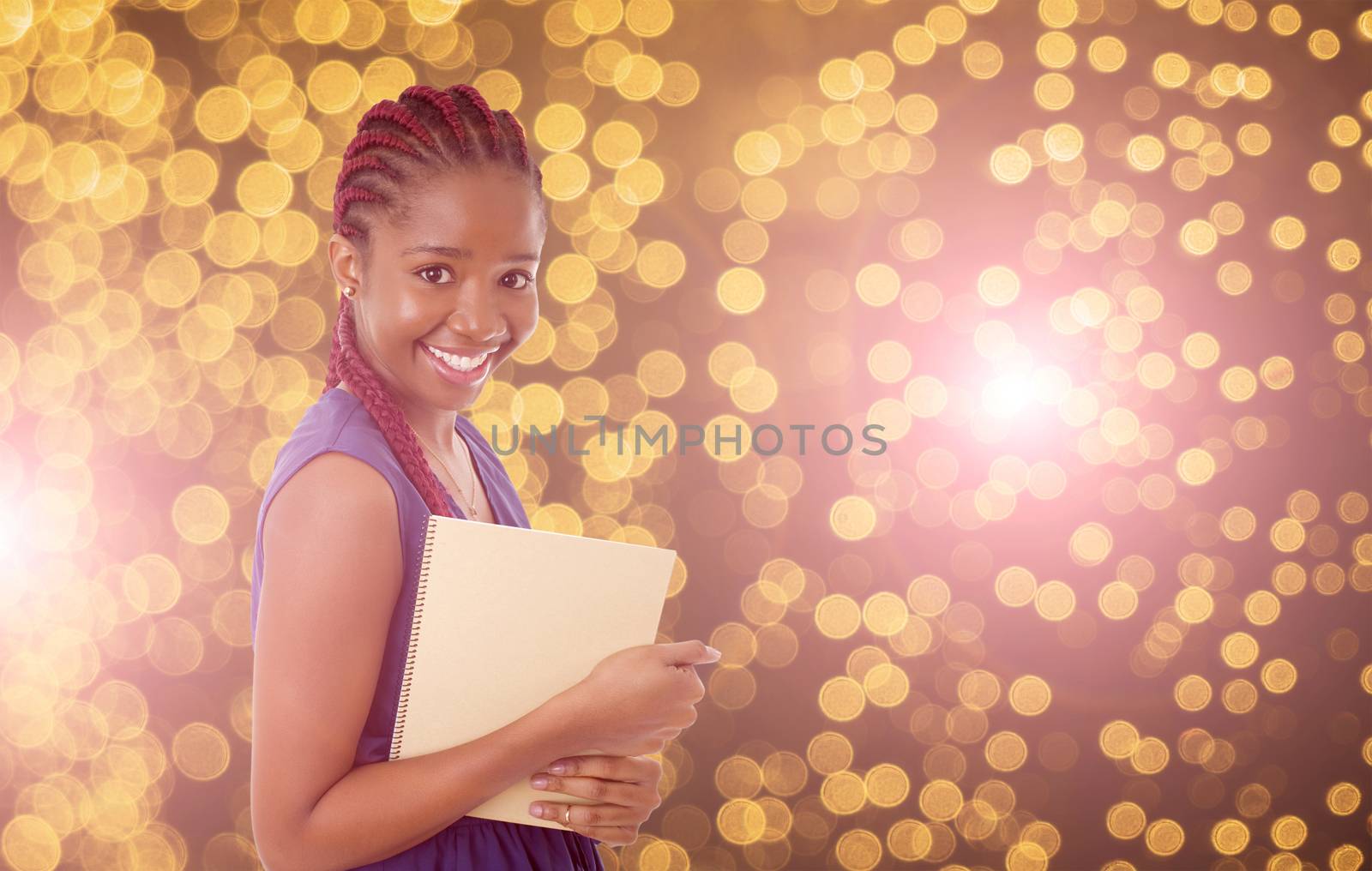 young happy african girl student with lights as background