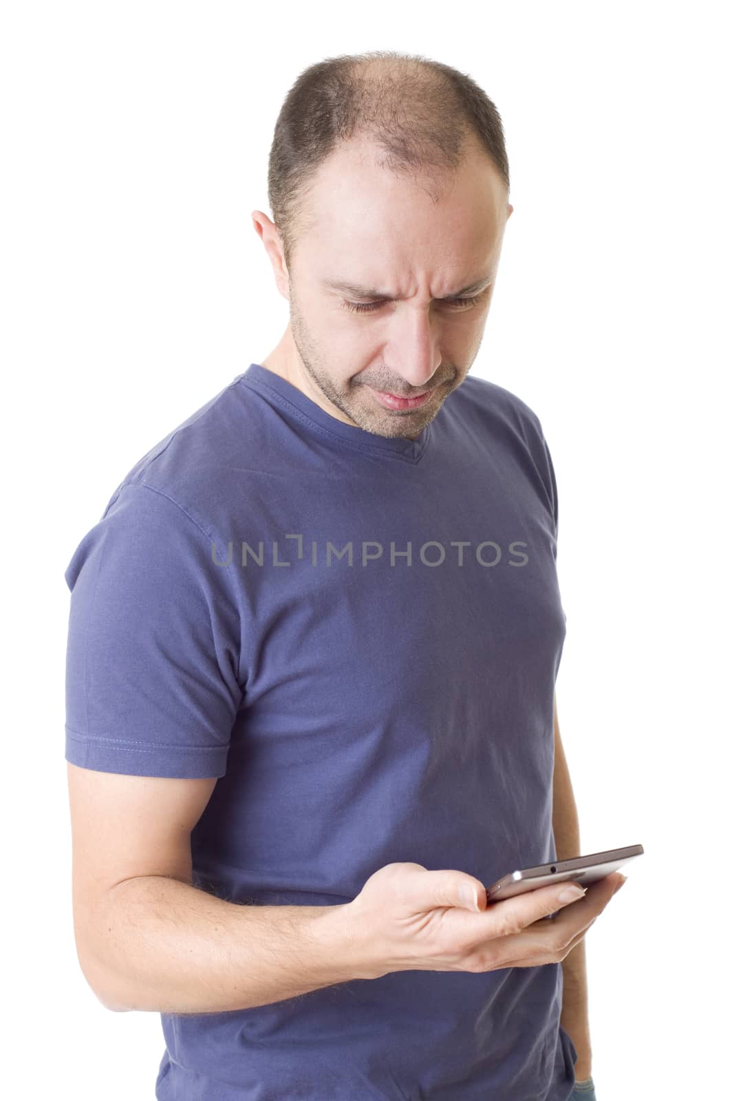 young casual man with a phone, isolated