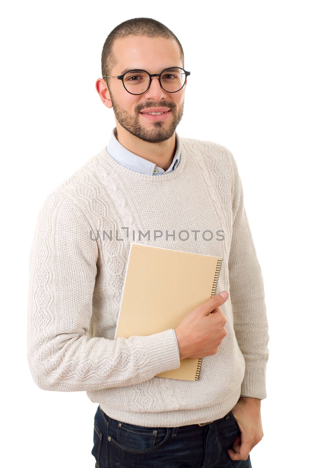 happy casual man with a book, isolated on white background