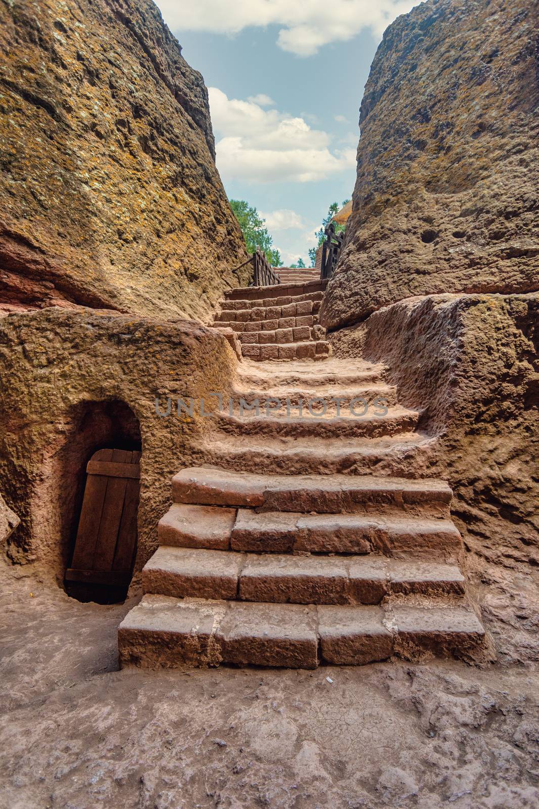 exterior labyrinths with stairs between LaLibela churches in Ethiopia carved out of the bedrock. UNESCO World Heritage Site, Lalibela Ethiopia, Africa