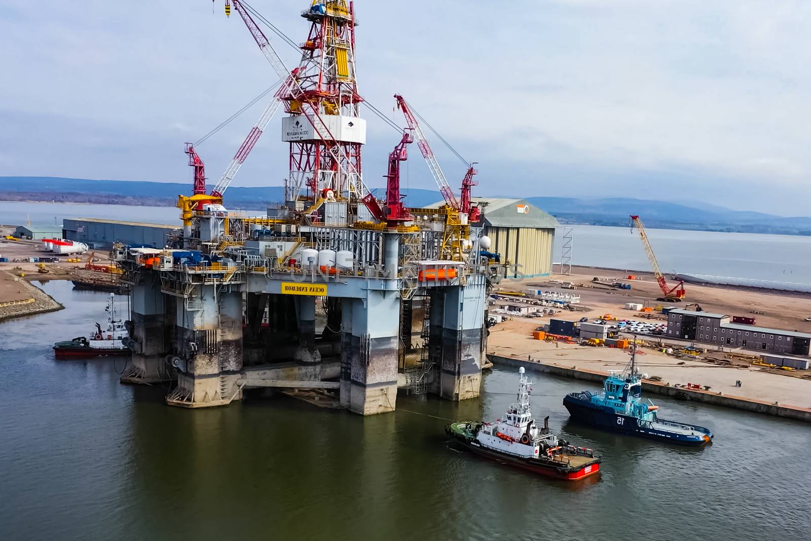 UKC, North Sea - December 18, 2019: Drilling platform in the port. Towing of the oil platform.