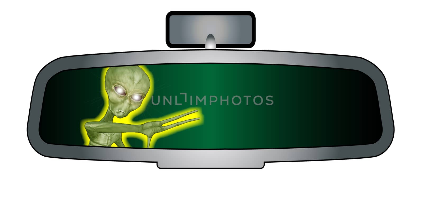 Depiction of a vehicle rear view mirror with an alien beast