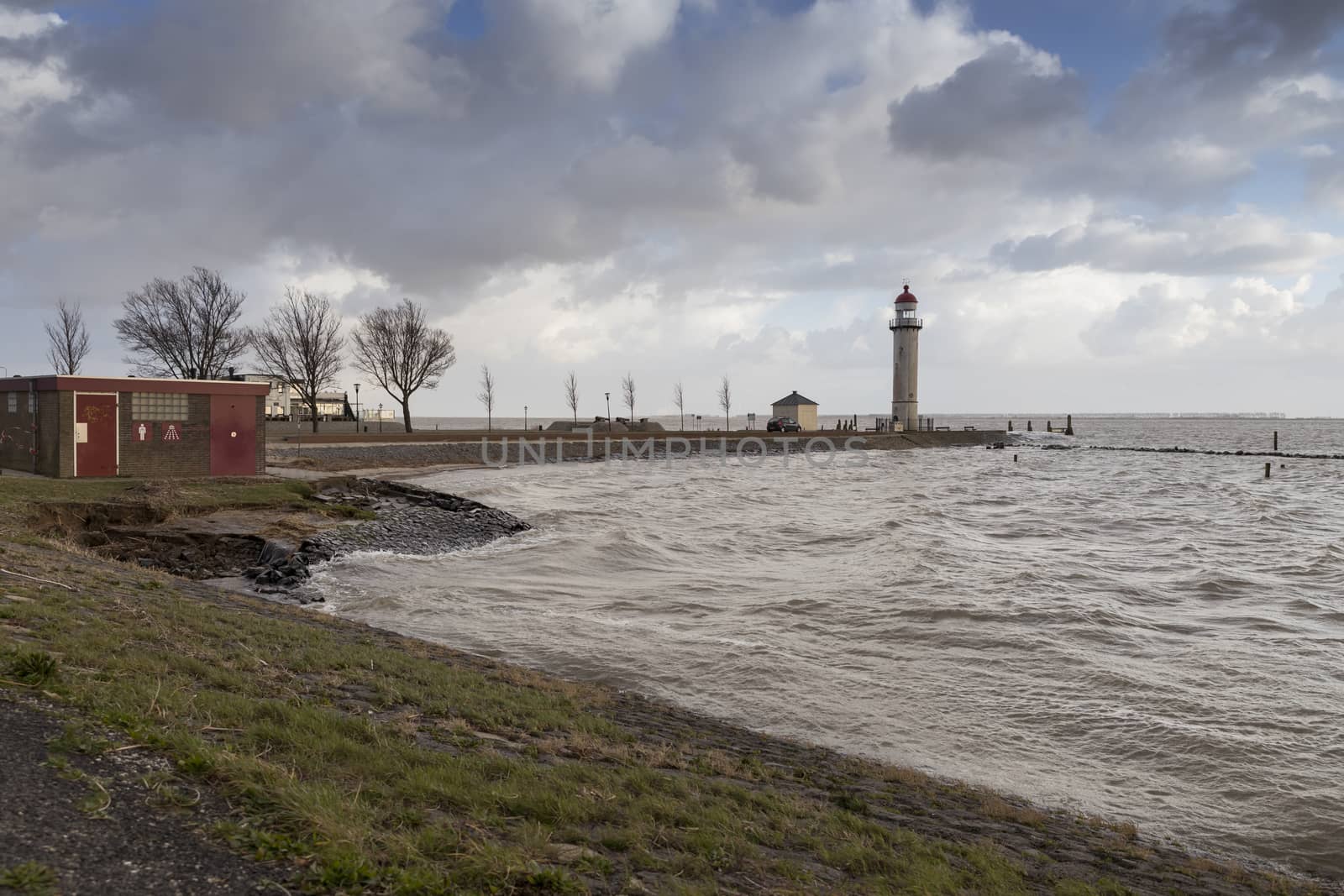 high sea water level at the lighthouse from hellevoetlsuis during the storm ciara in feb 2020