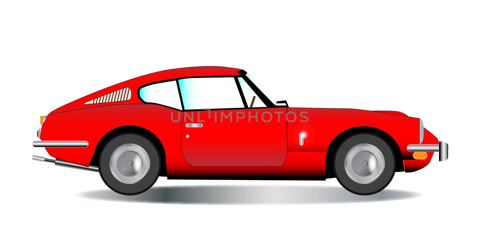 A classic old British hard top sports car in red over a white background