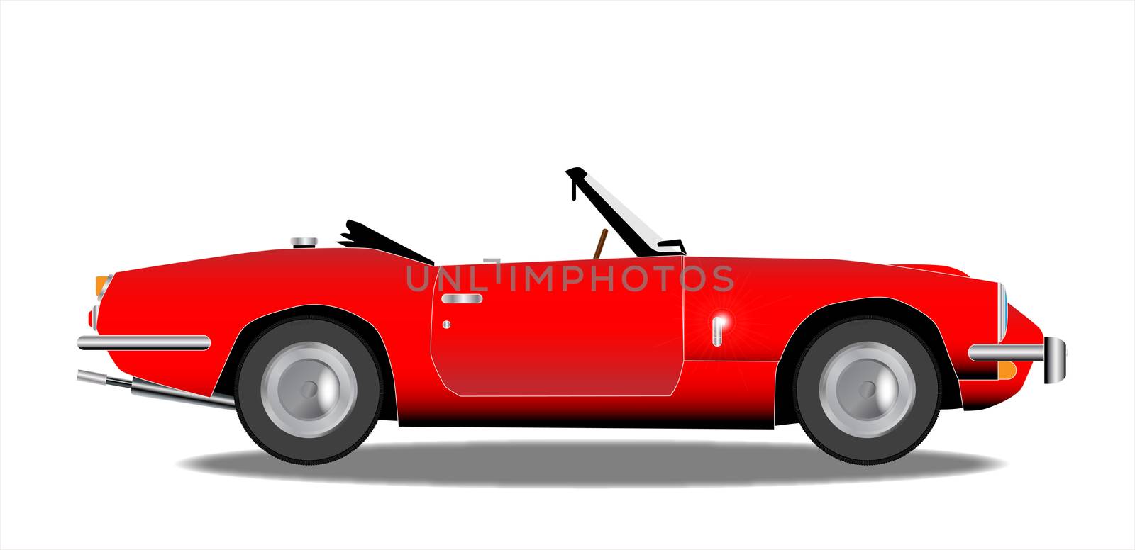 A classic old British sports car in red over a white background