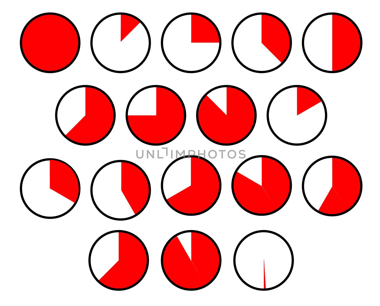 A collection of several different pie chart sections over a white background