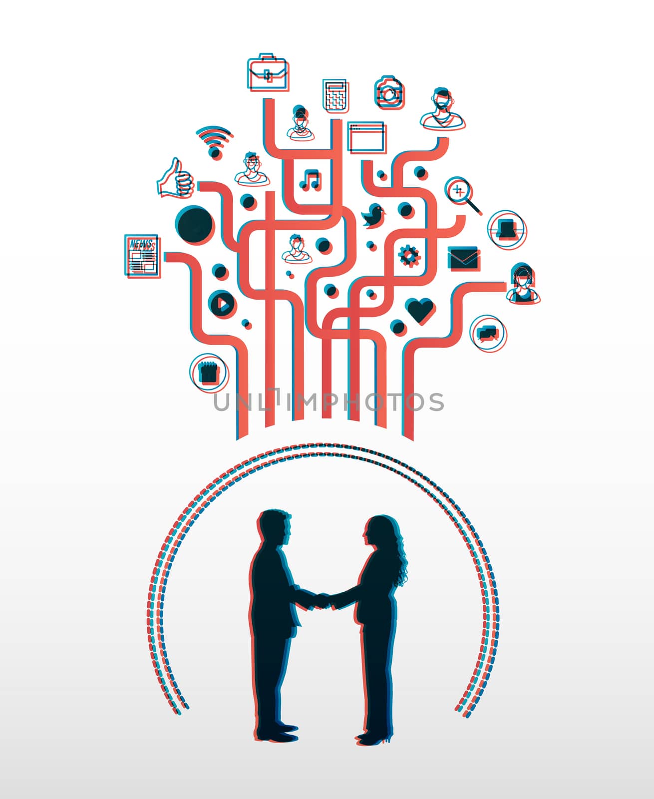 Business people shaking hands with app icons in 3d on white background