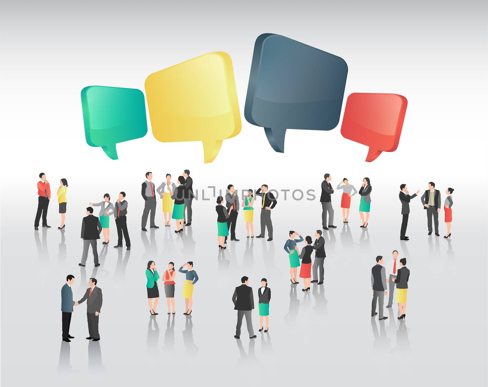 Business people with speech bubbles on grey background