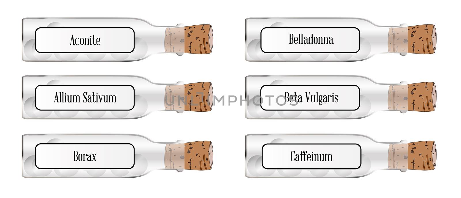 Homeopathic glass remedy bottles with labels and contents all over a white background