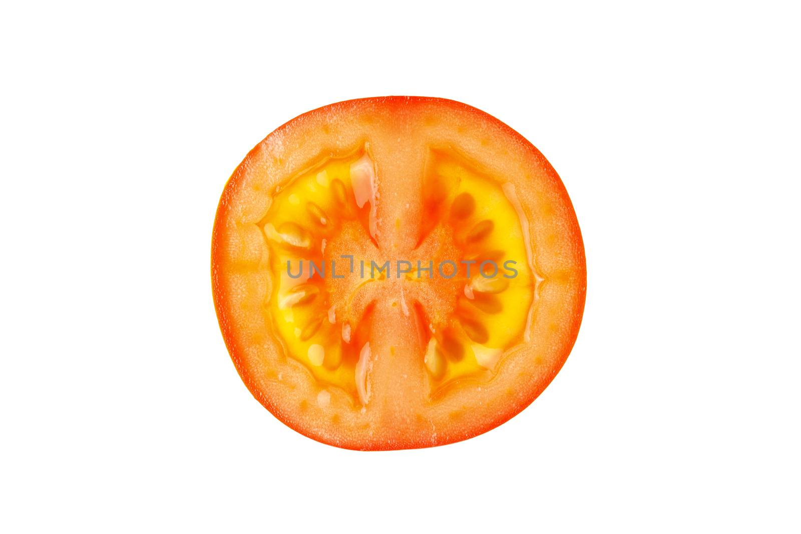 Thin slice of fresh red cherry tomato in incision, isolated on white background. Macro, flat lay. Horizontal, close-up. Healthy eating, farmer's product, raw food, keto diet concept.