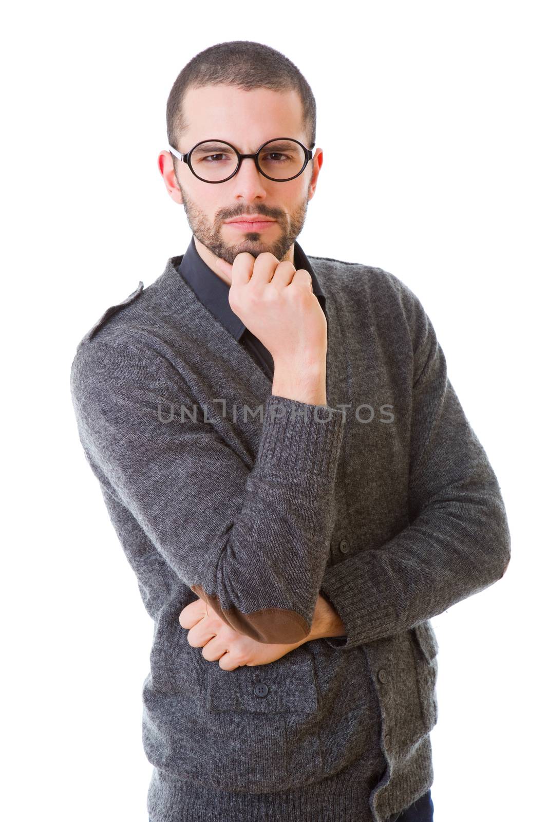 young casual man thinking, isolated on white background