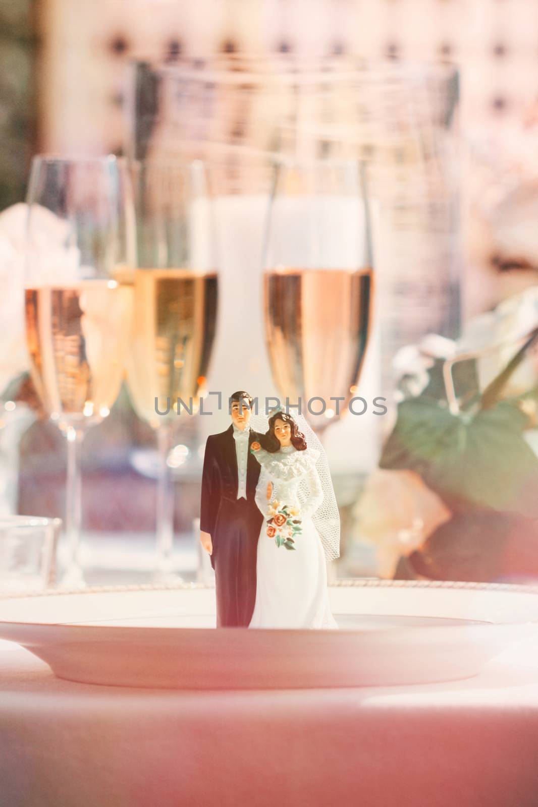 Cake figurines on dinner plate at reception by Sandralise