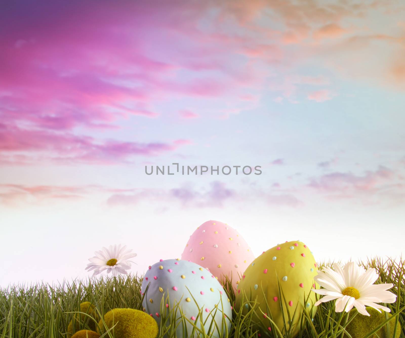 Eggs with daisies in grass with rainbow  color sky by Sandralise
