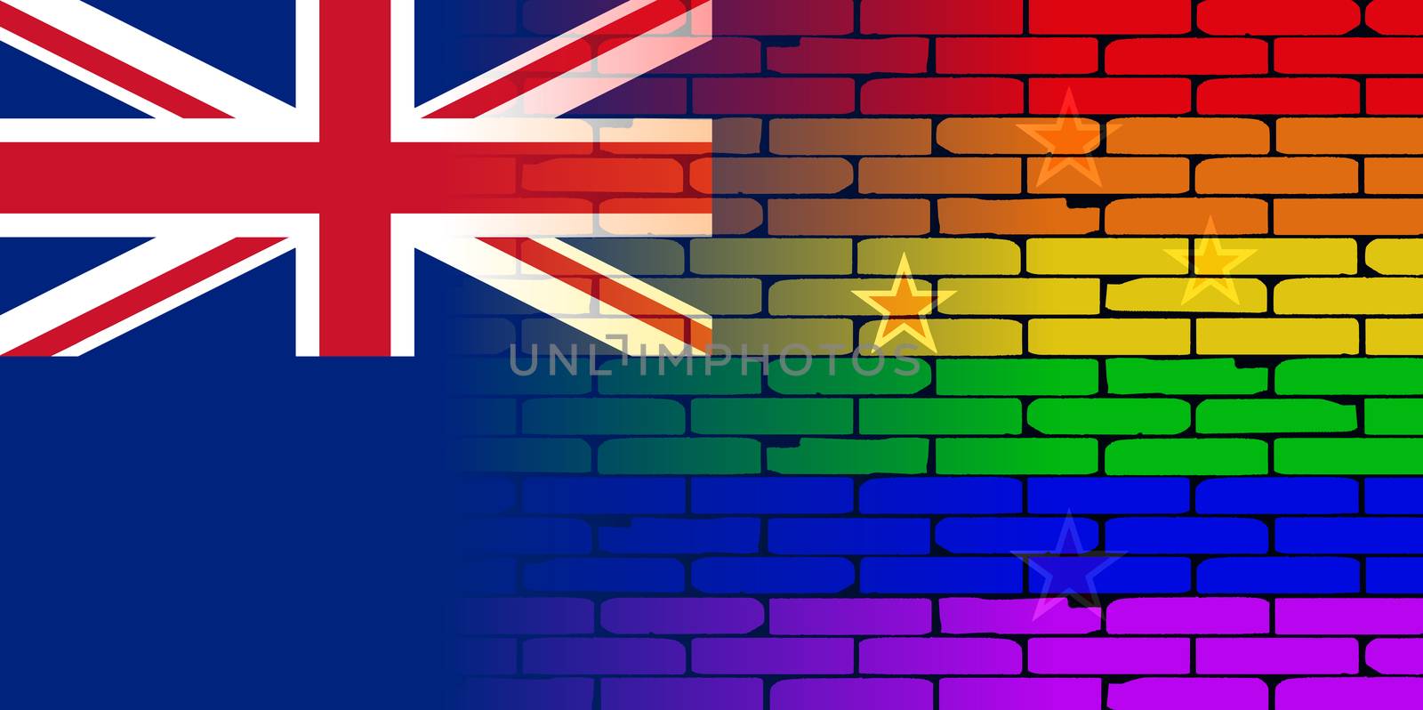 A well worn wall painted in a gay rainbow with the New Zealand flag
