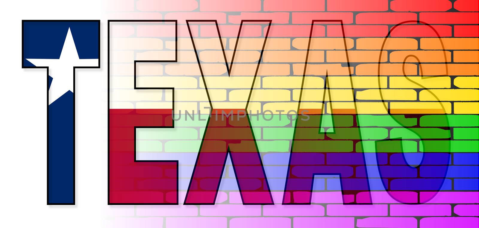 A well worn wall painted in the colours of the LGBT flag with a Texan flag as text
