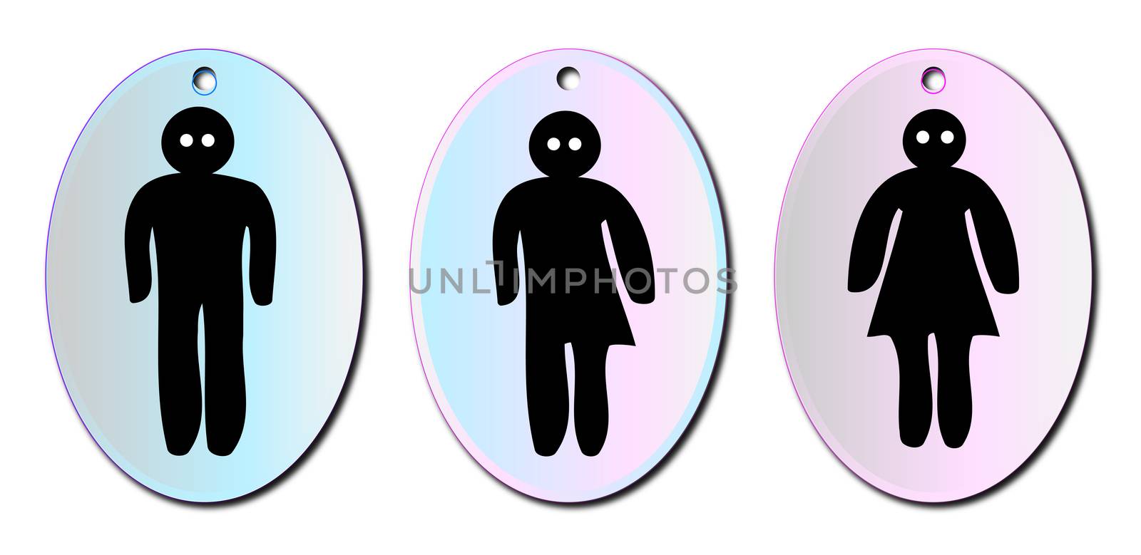 A trio of male female and transgender toilet signs on white