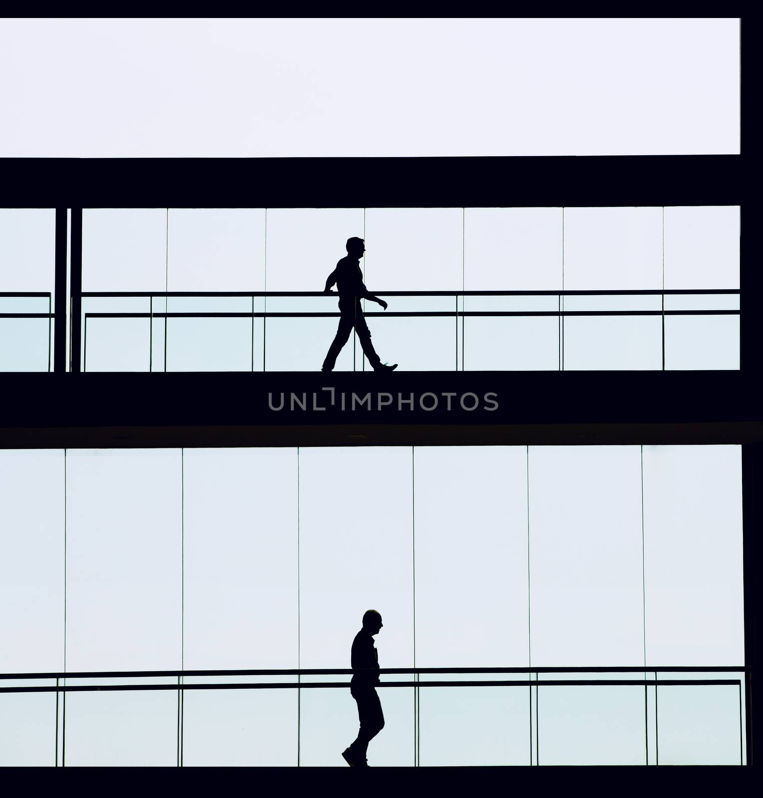 Silhouette view of two businessmen in a modern office building interior with panoramic windows.