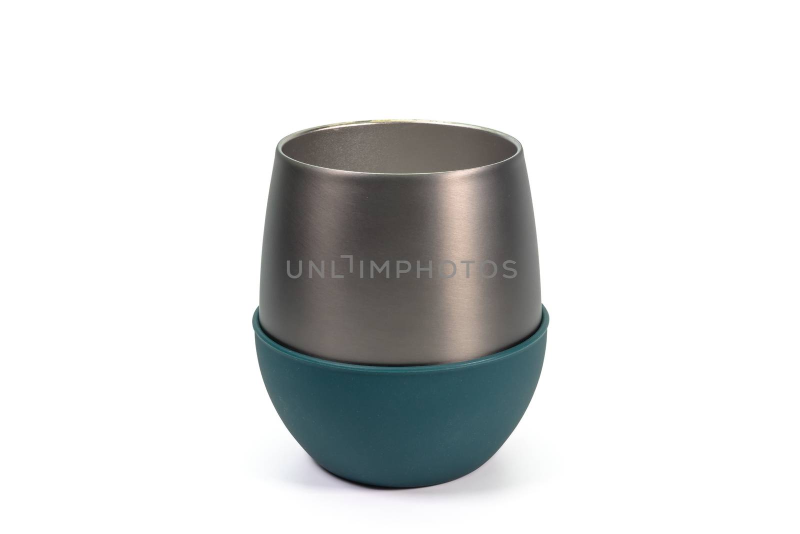 The close up of Titanium gray tumbler cup and green silicone rubber on white background.