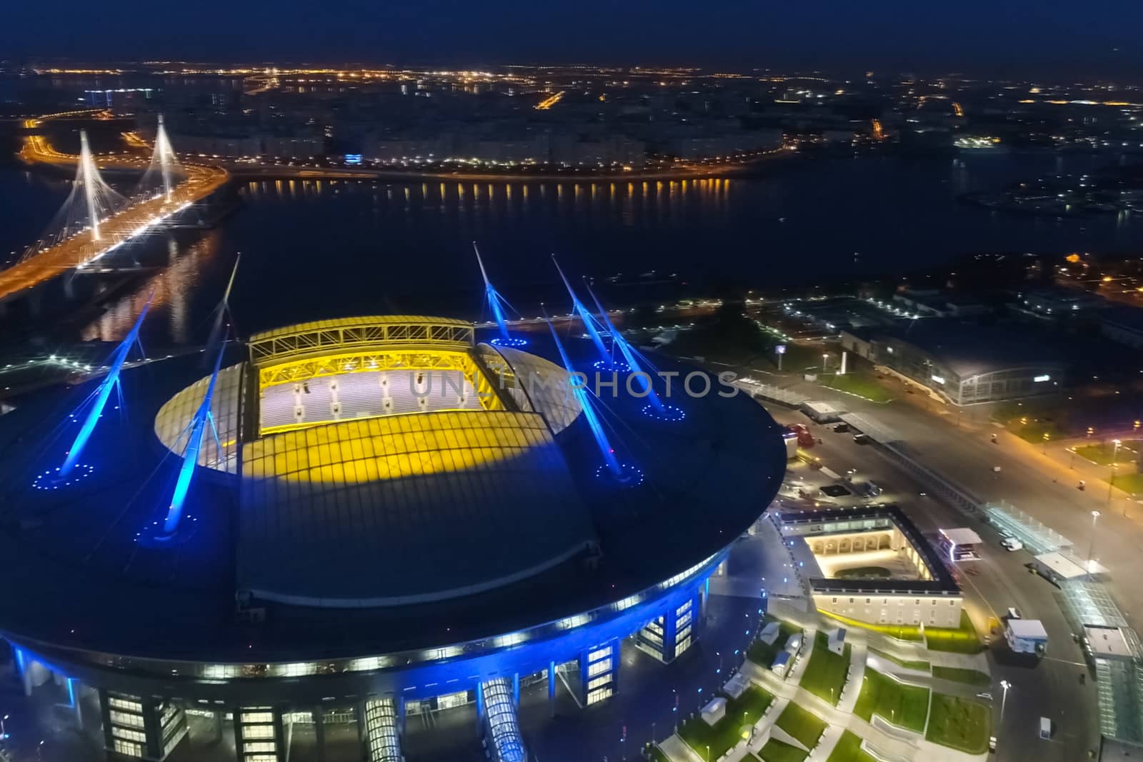 Moscow, Russia - May 11, 2017: Stadium Zenith Arena at night. Illuminated by multi-colored lights the stadium at night