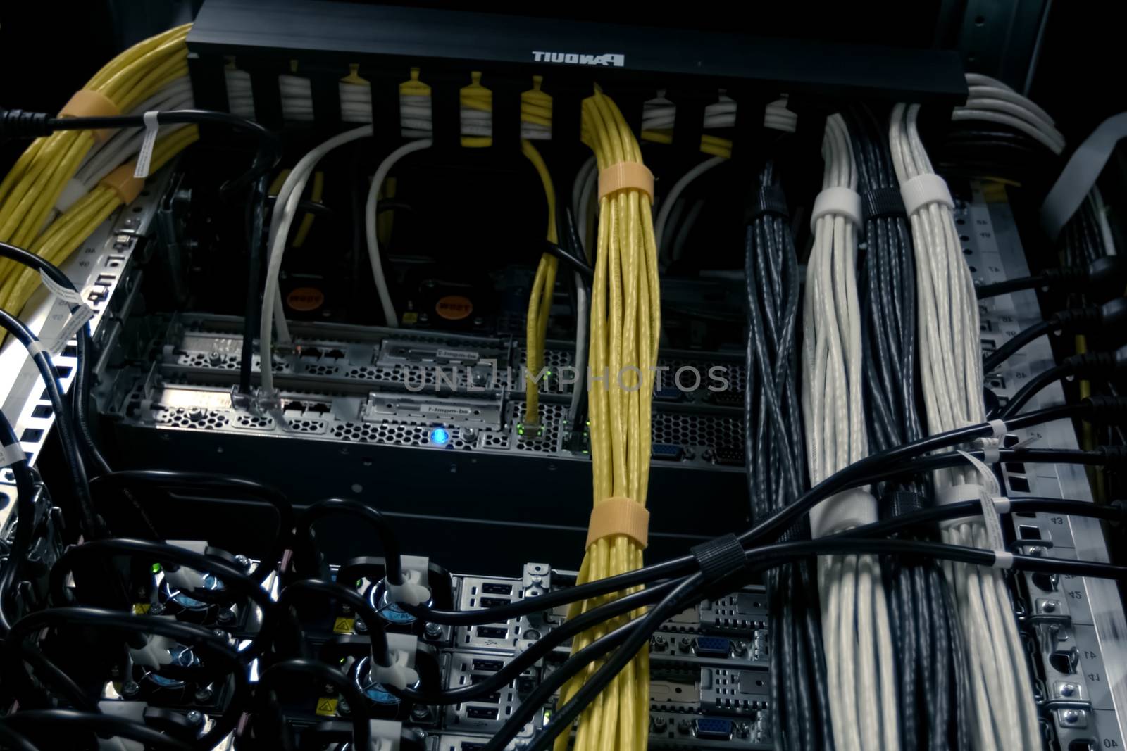 Connections of Internet cables with servers. Server date centers by nyrok