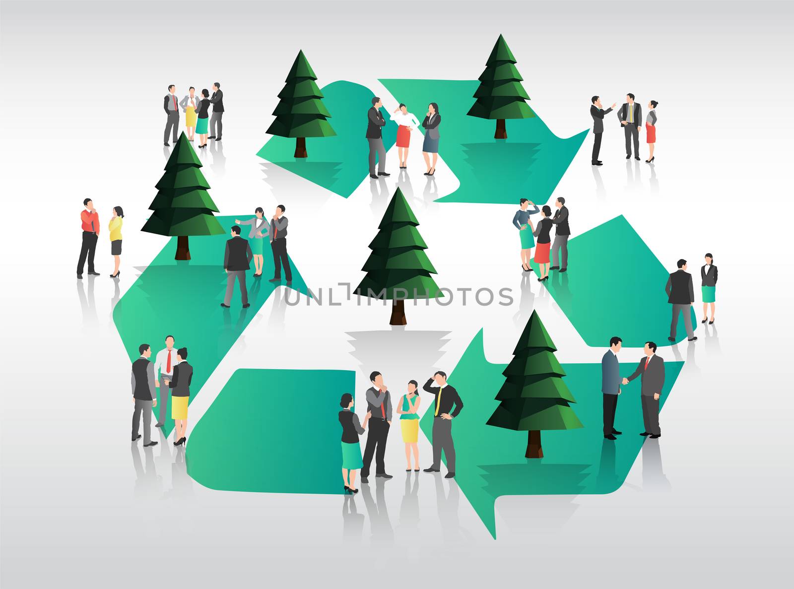 Business people with recycling symbol on grey background