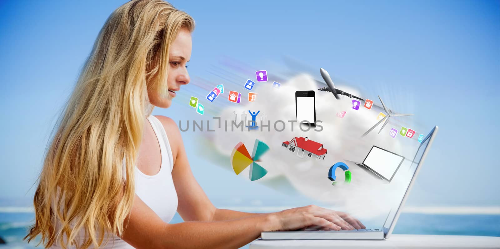 Pretty blonde using her laptop at the beach against cloud computing graphic with apps