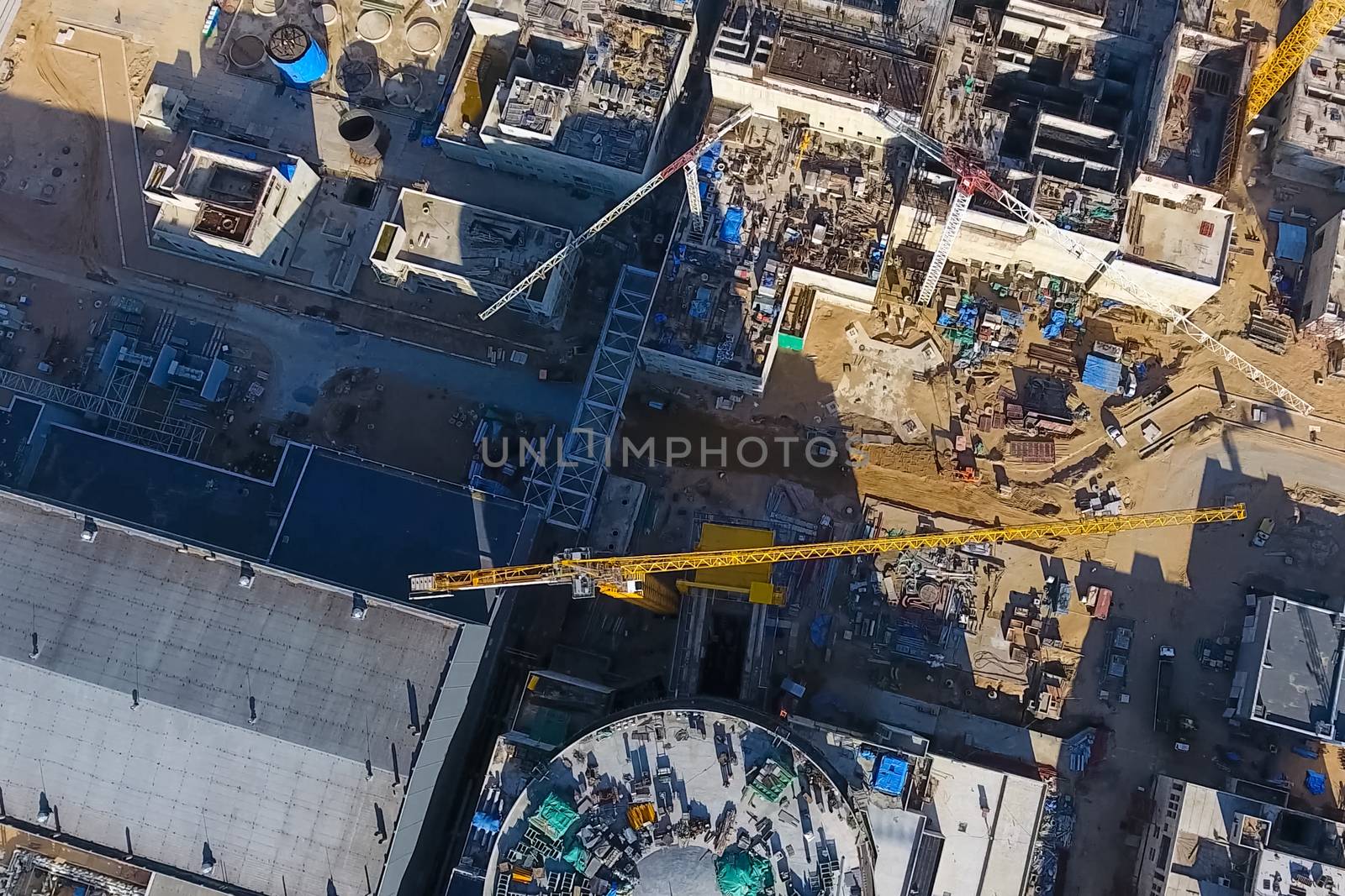 Aerial survey of a nuclear power plant under construction. Installation and construction of a power plant. Nuclear power.