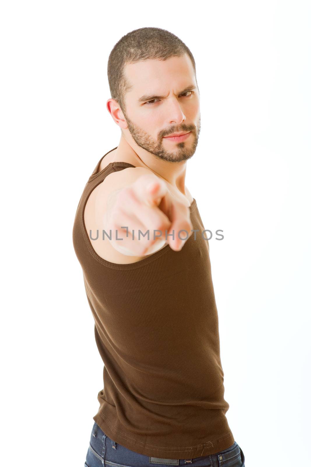 Casual man pointing with his finger, isolated on white