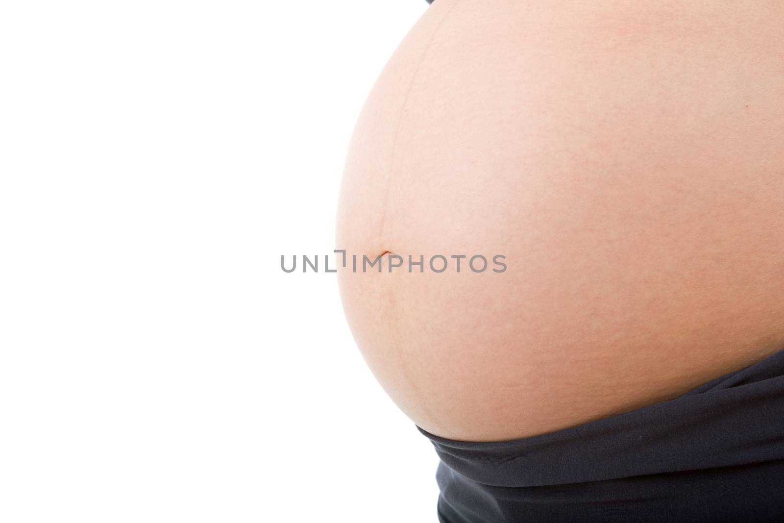 Closeup of pregnant woman at white background