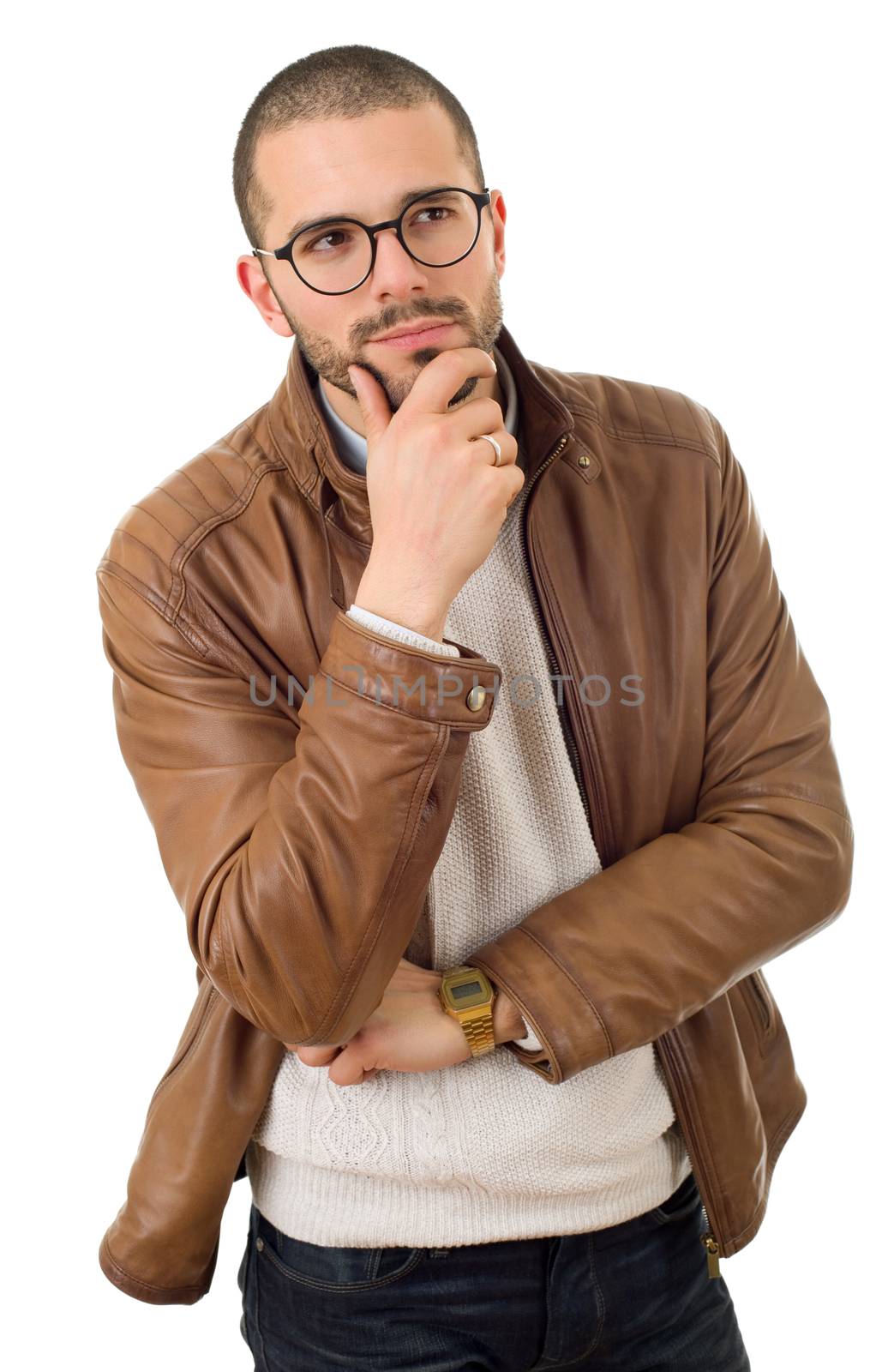 young casual man thinking, isolated on white background