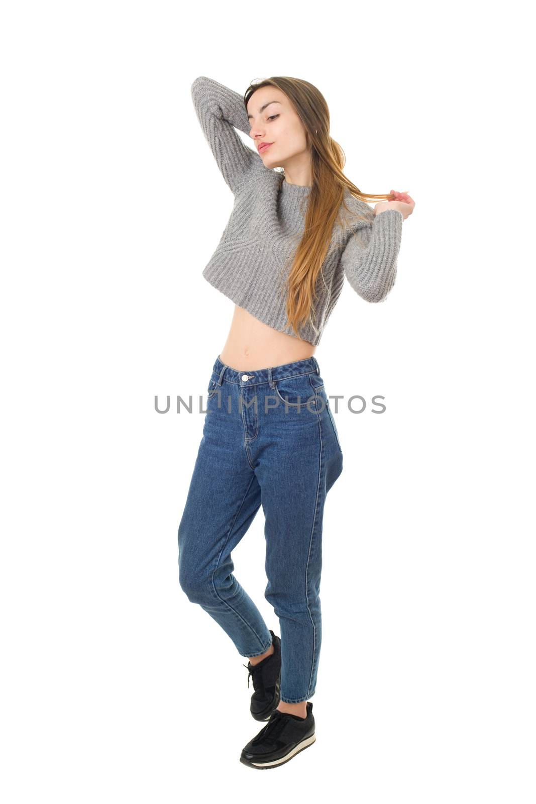 young casual beautiful woman full length, isolated in white