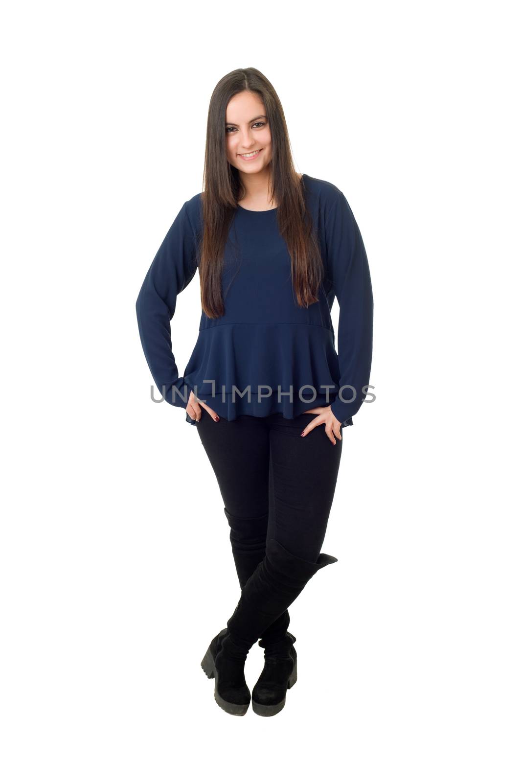 young casual beautiful woman full length, isolated in white