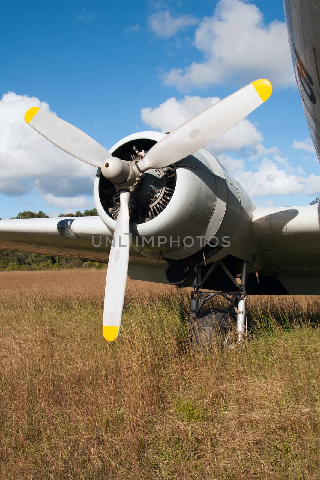 Vertical shot of the propeller and engine cowling of an old DC3 aeroplane