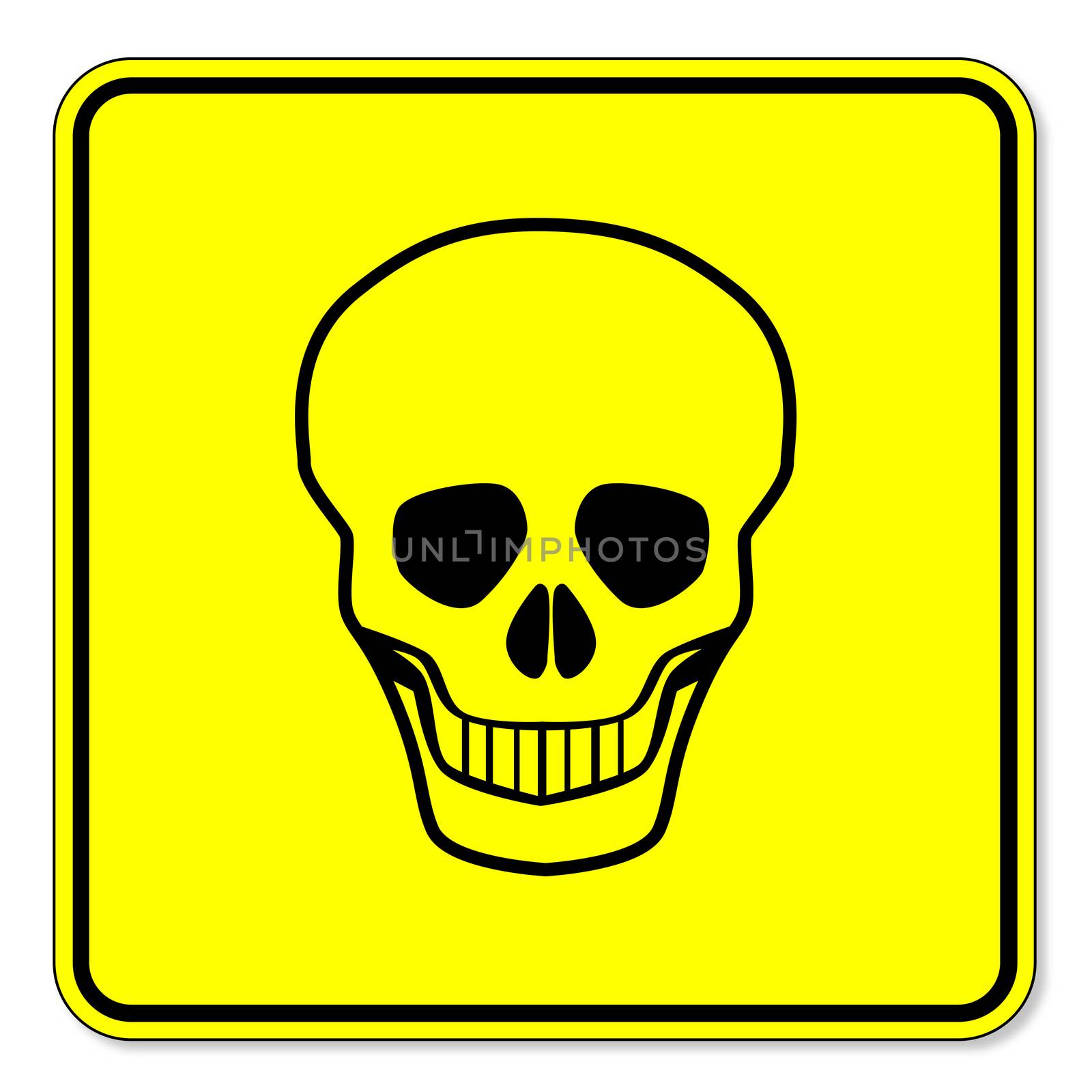 A yellow and black skull warning sign over a white background