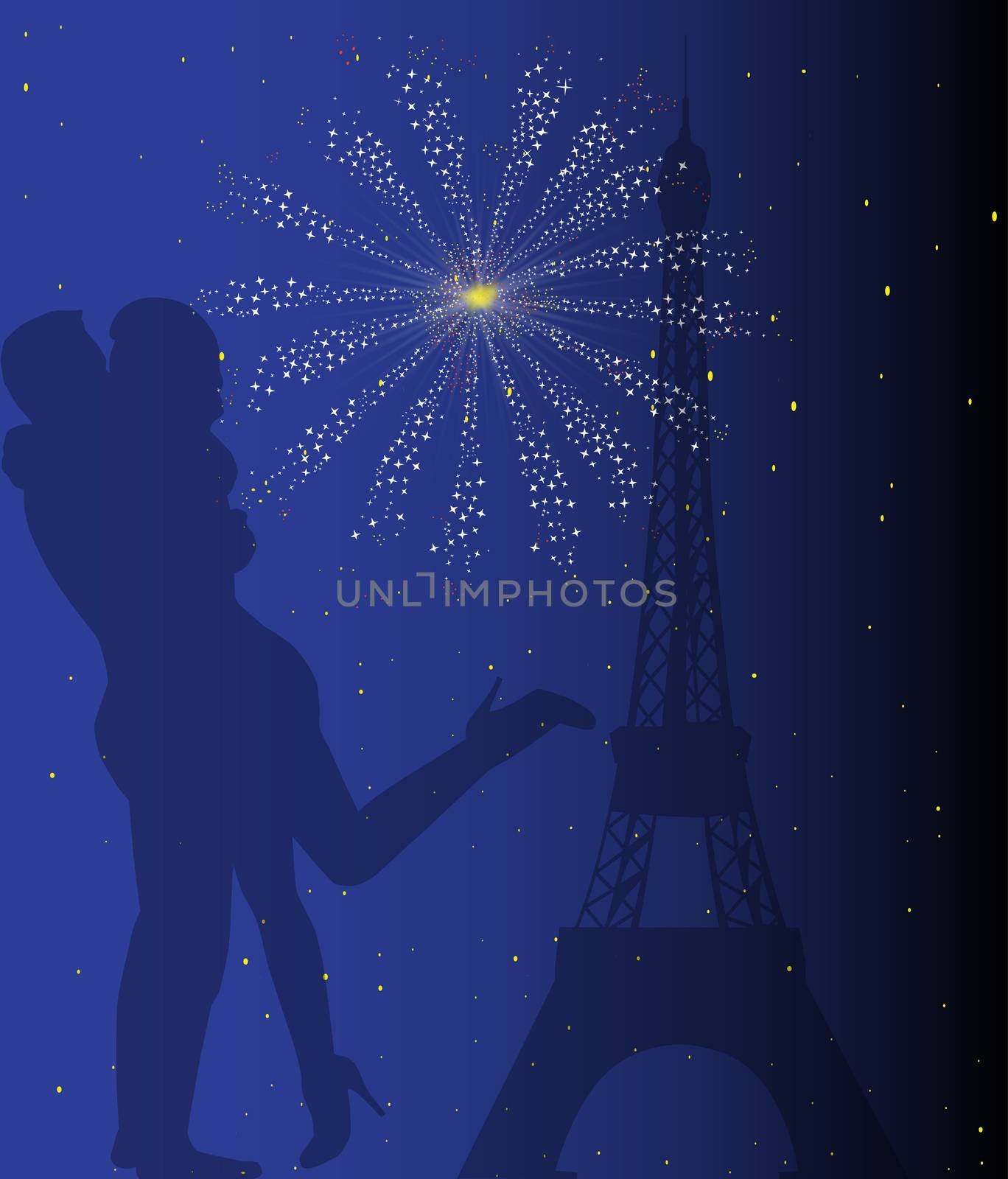 Paris at night with the Eiffel Tower and a couple kissing with firework explosion