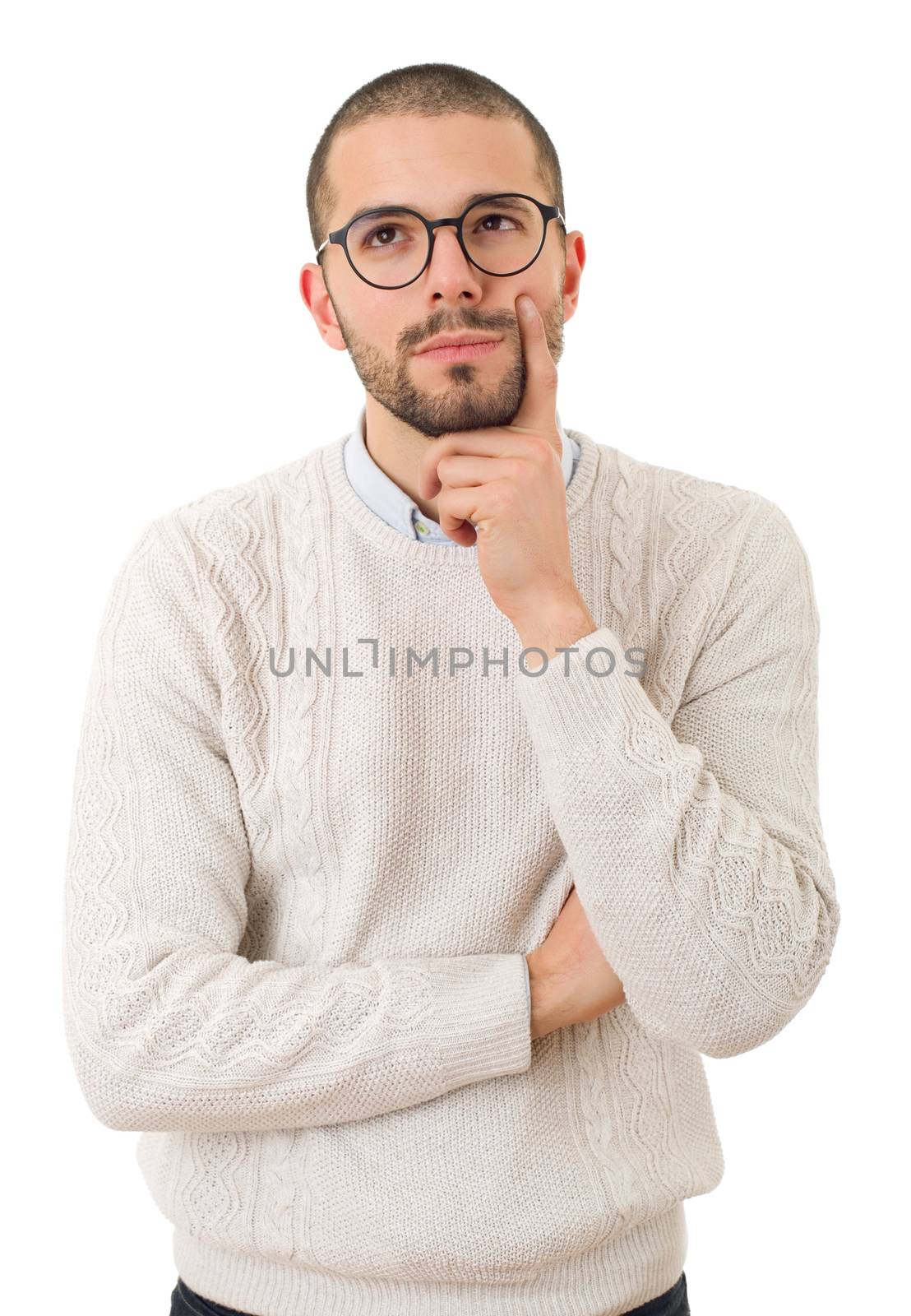 young casual man thinking, isolated on white background