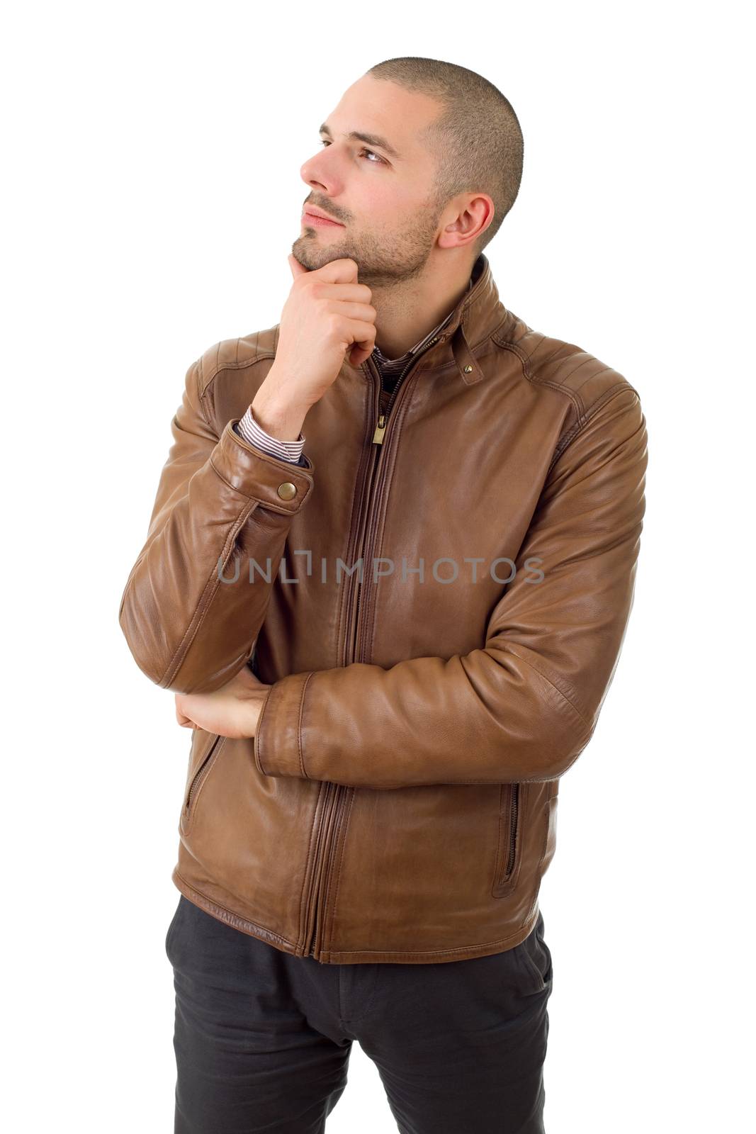 young casual man thinking, isolated on white background