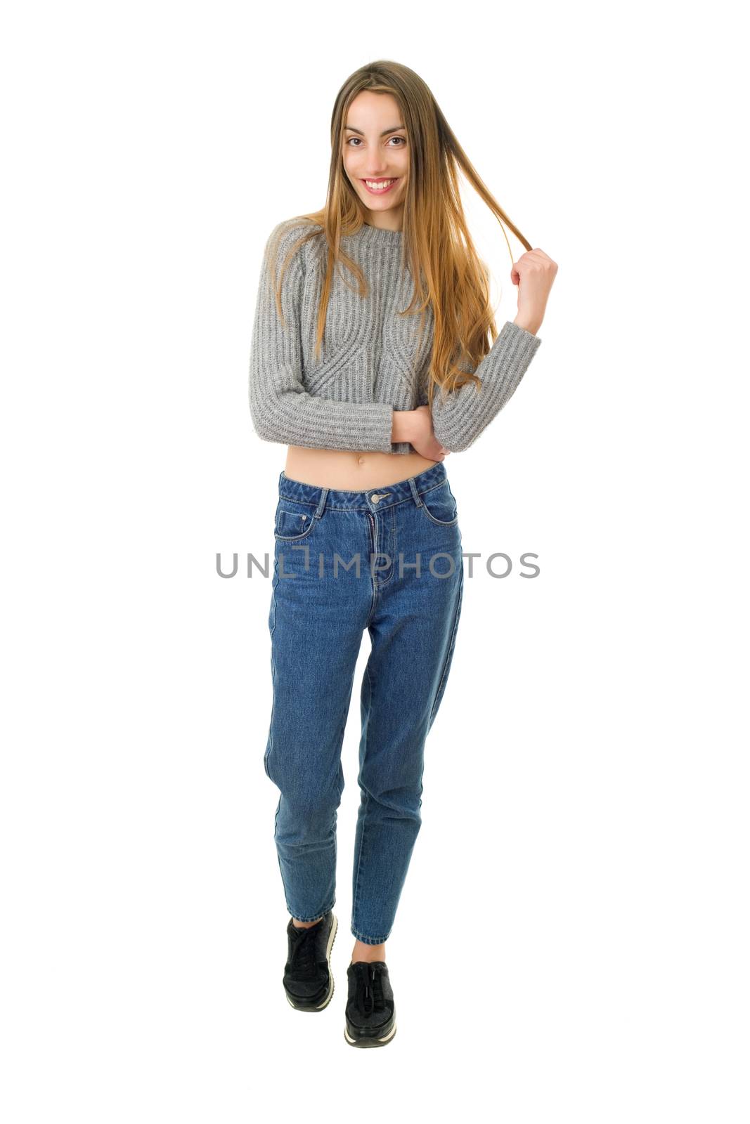 young casual beautiful woman full length, isolated in white