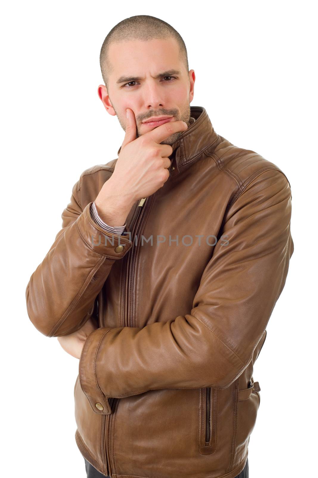 young casual man thinking, isolated on white background