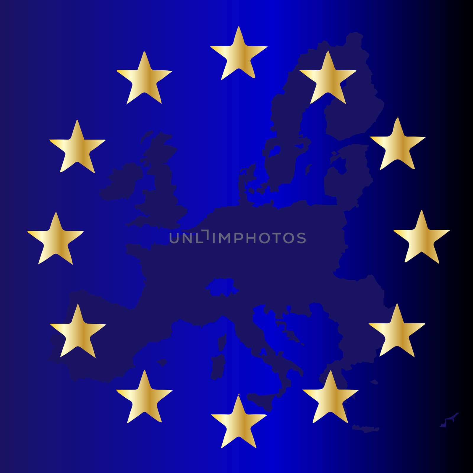 Map of the EU in blue with the golden stars of the Union