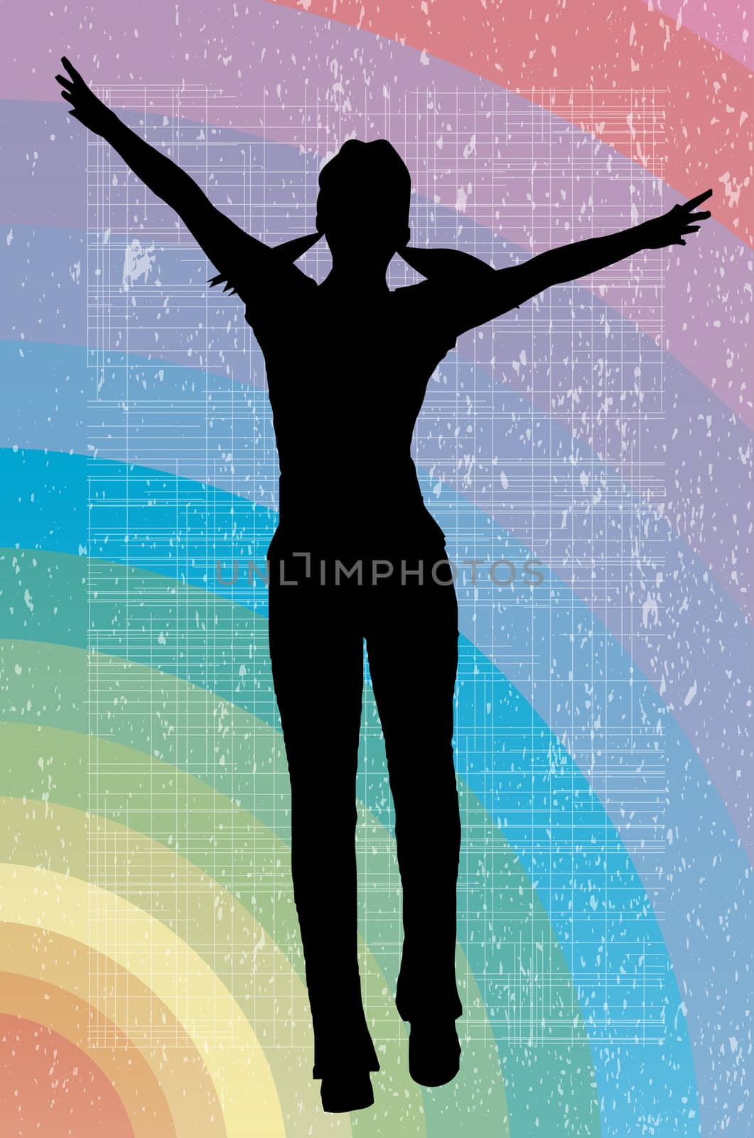 A silhouette of a happy girl jumping over a grunge background