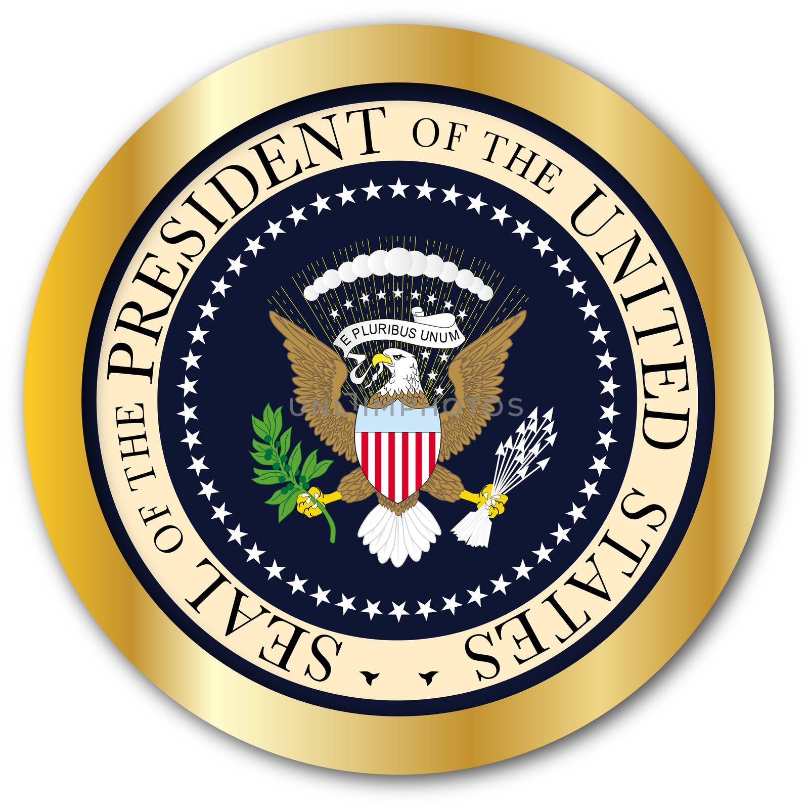 A depiction of the seal of the president of the United States of America as a button