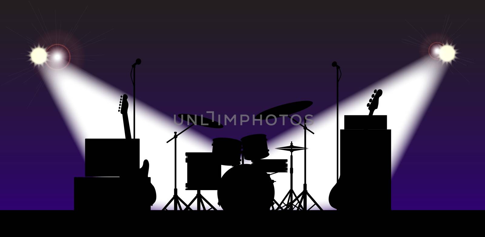 Silhouette of a rock bands equipment on stage under spotlights
