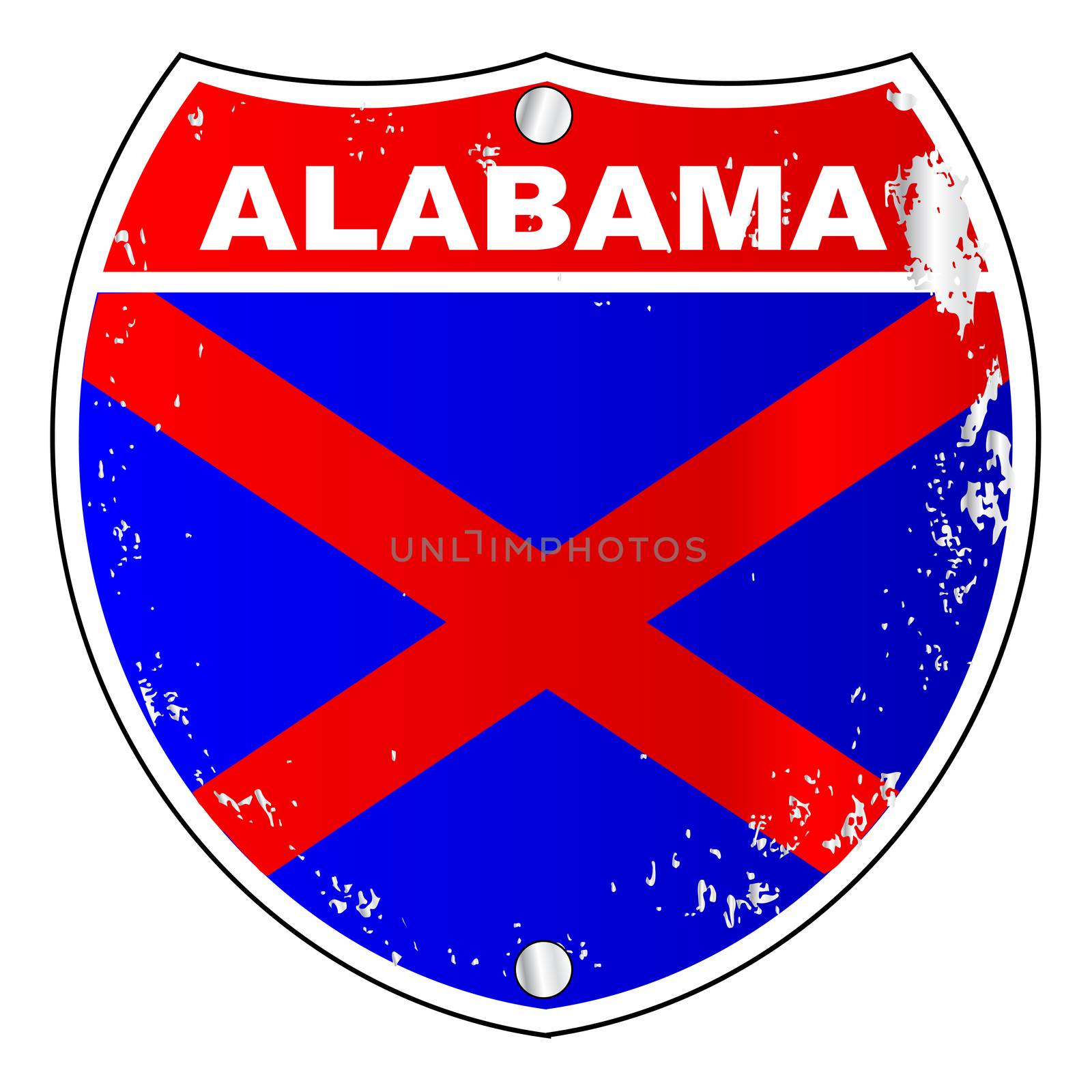 Alabama interstate sign with flag cross over a white background