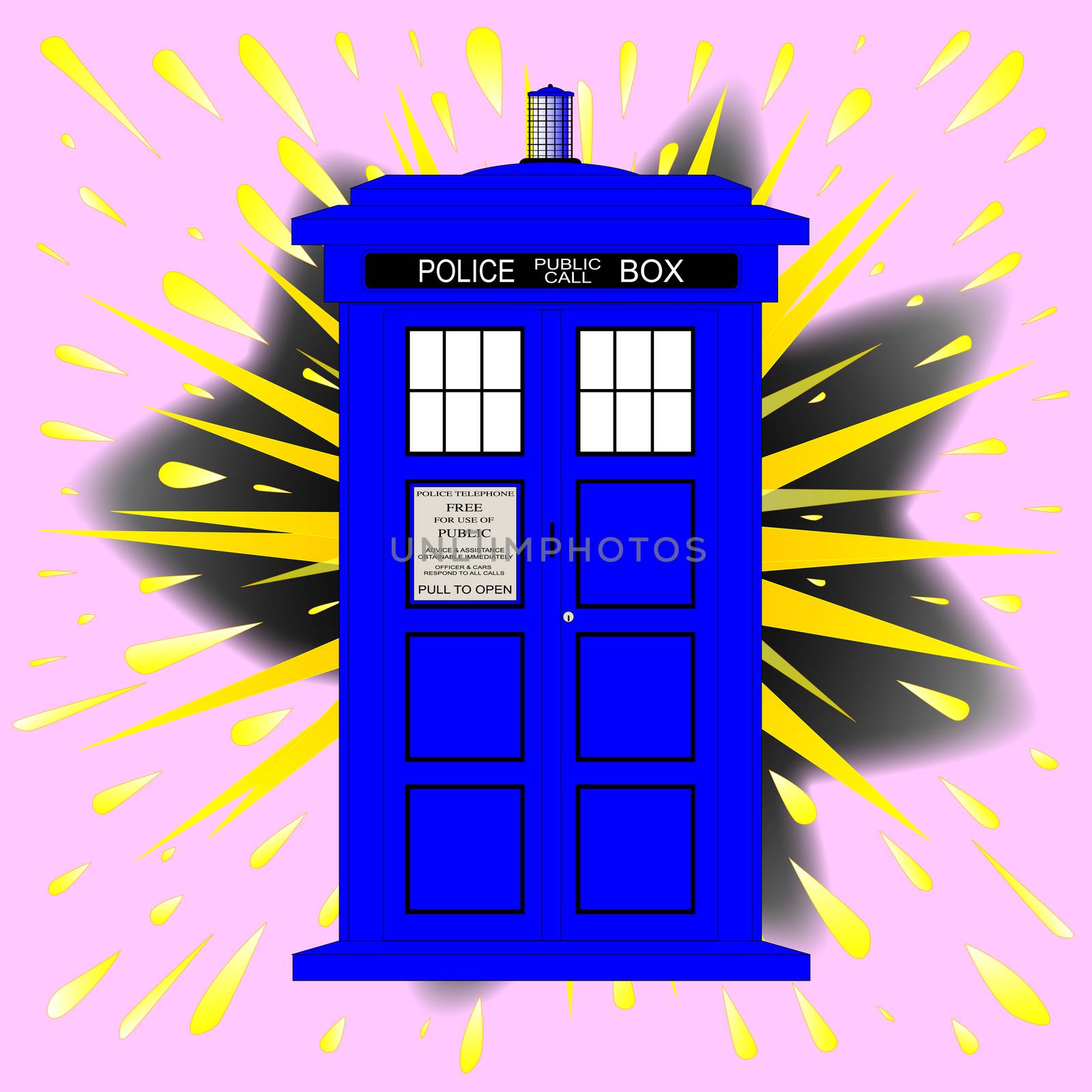 A typical british police box over a cartoon style explosion