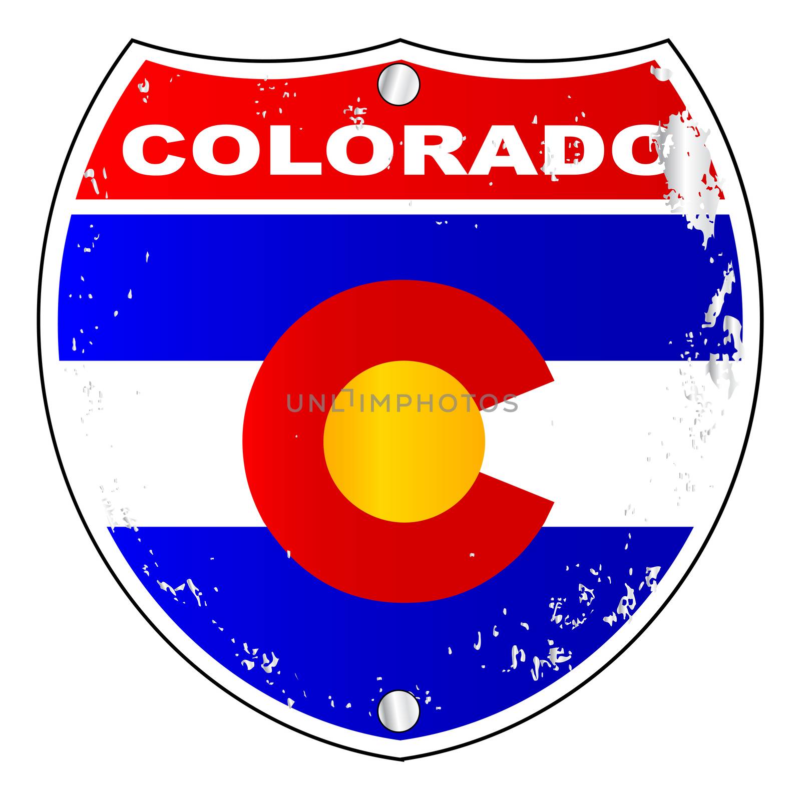 Colorado interstate sign with flag cross over a white background