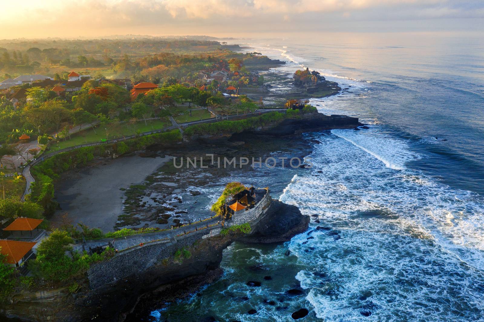 Aerial view of Tanah lot temple in Bali, Indonesia.