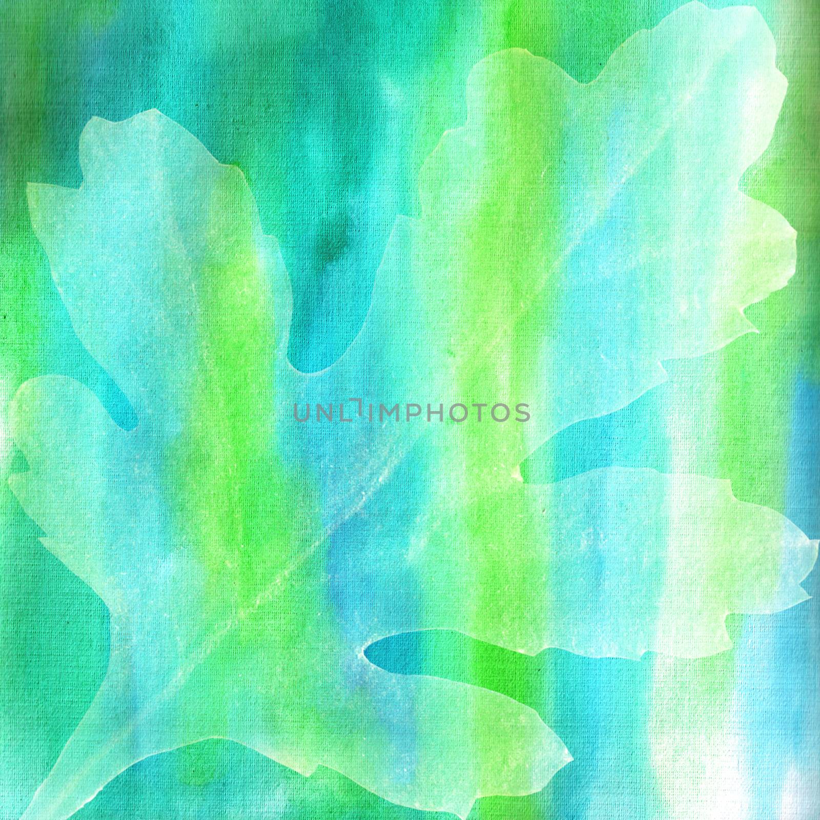 Transparent oak leaves on blue-green watercolor background. by Rina_Dozornaya