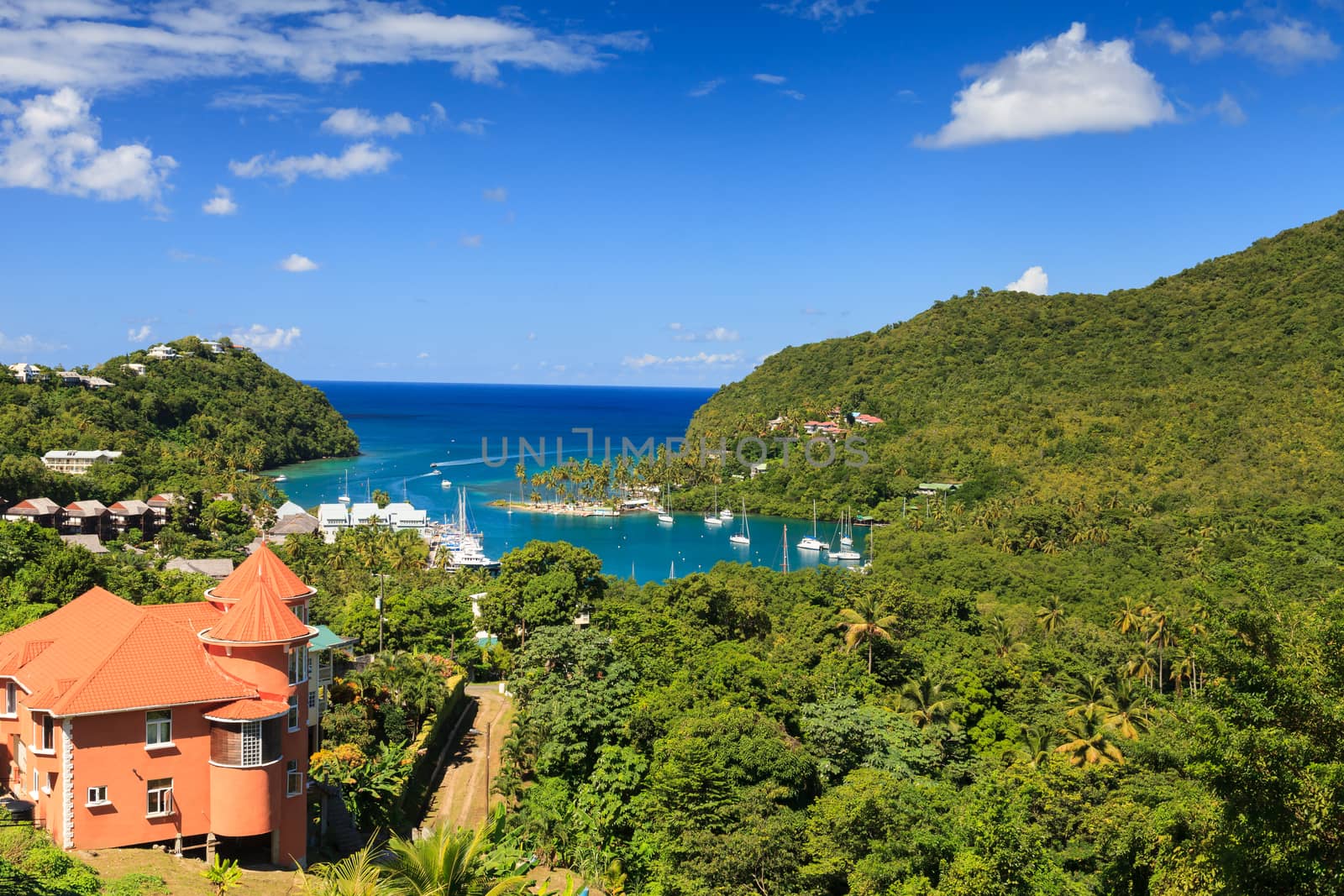 The view across Marigot Bay in St Lucia.  Marigot Bay is located on the west coast of the Caribbean island of St Lucia.